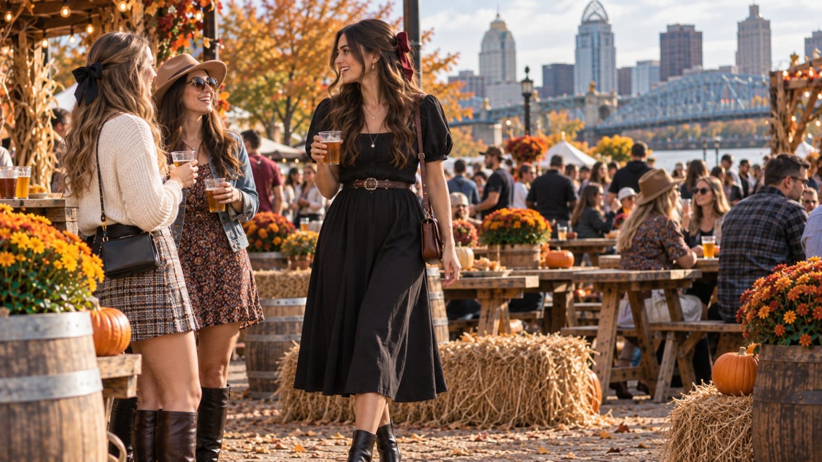 Woman wearing a black midi dress with a burgundy hair bow at an Oktoberfest festival