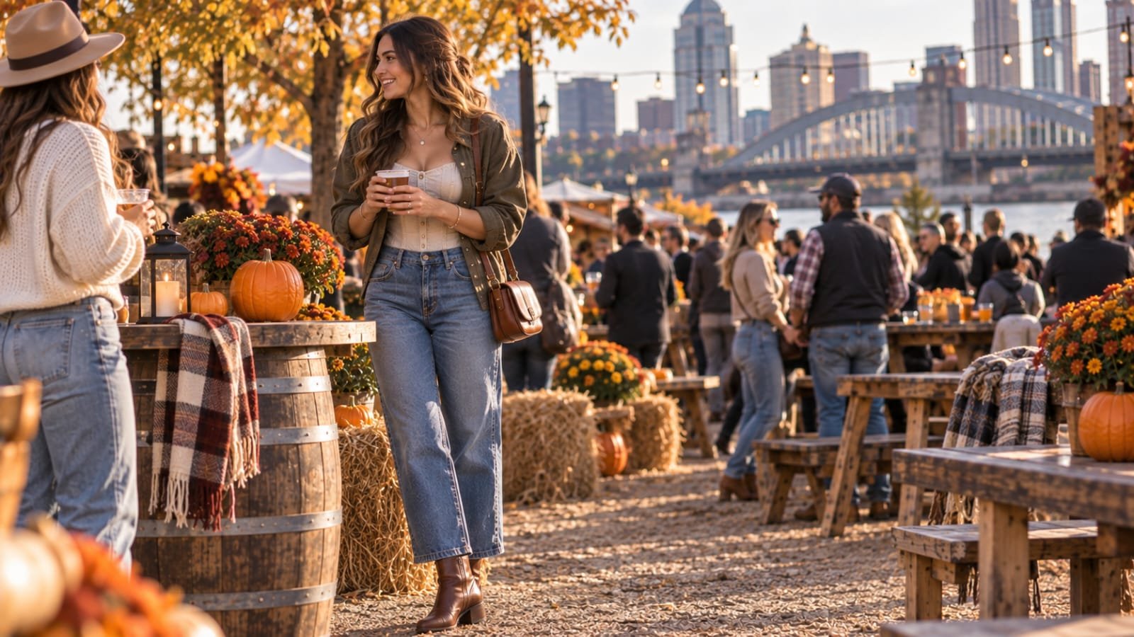 ALT text: Woman wearing a corset-inspired top with jeans at an Oktoberfest festival