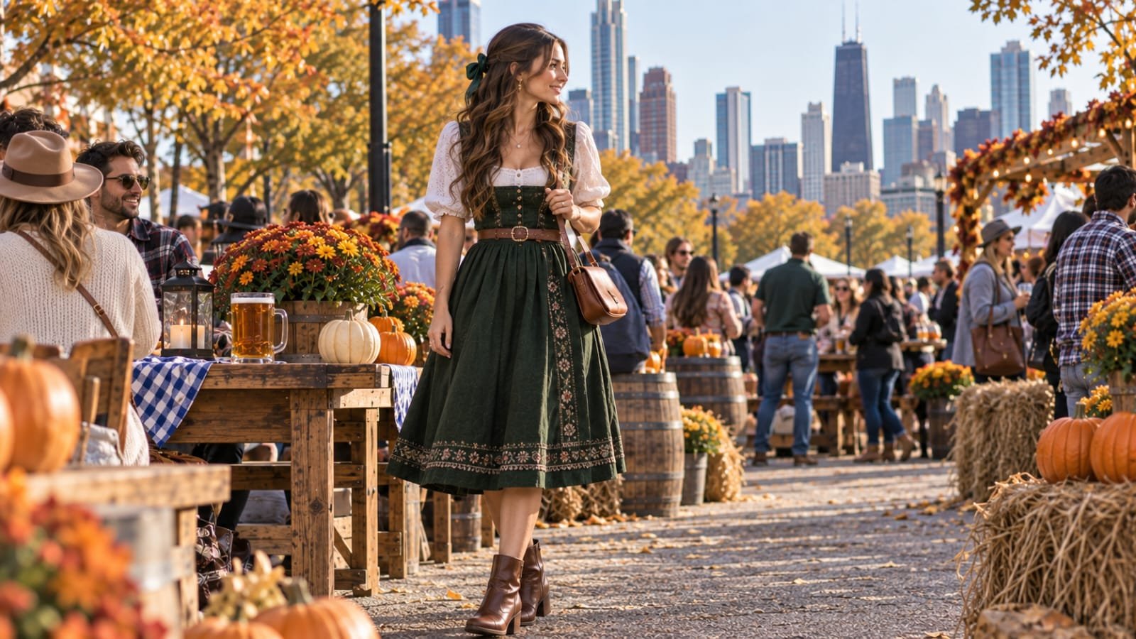 Woman wearing a forest green dirndl-inspired dress at an Oktoberfest festival