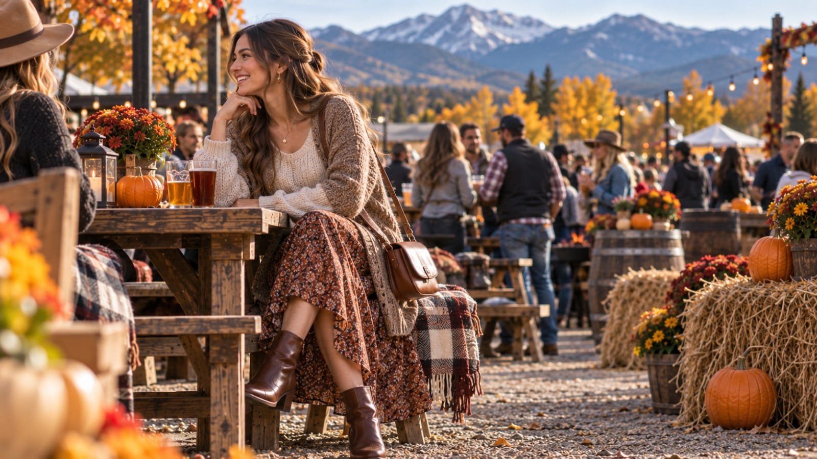 Woman wearing a cozy sweater and floral midi skirt at an Oktoberfest festival