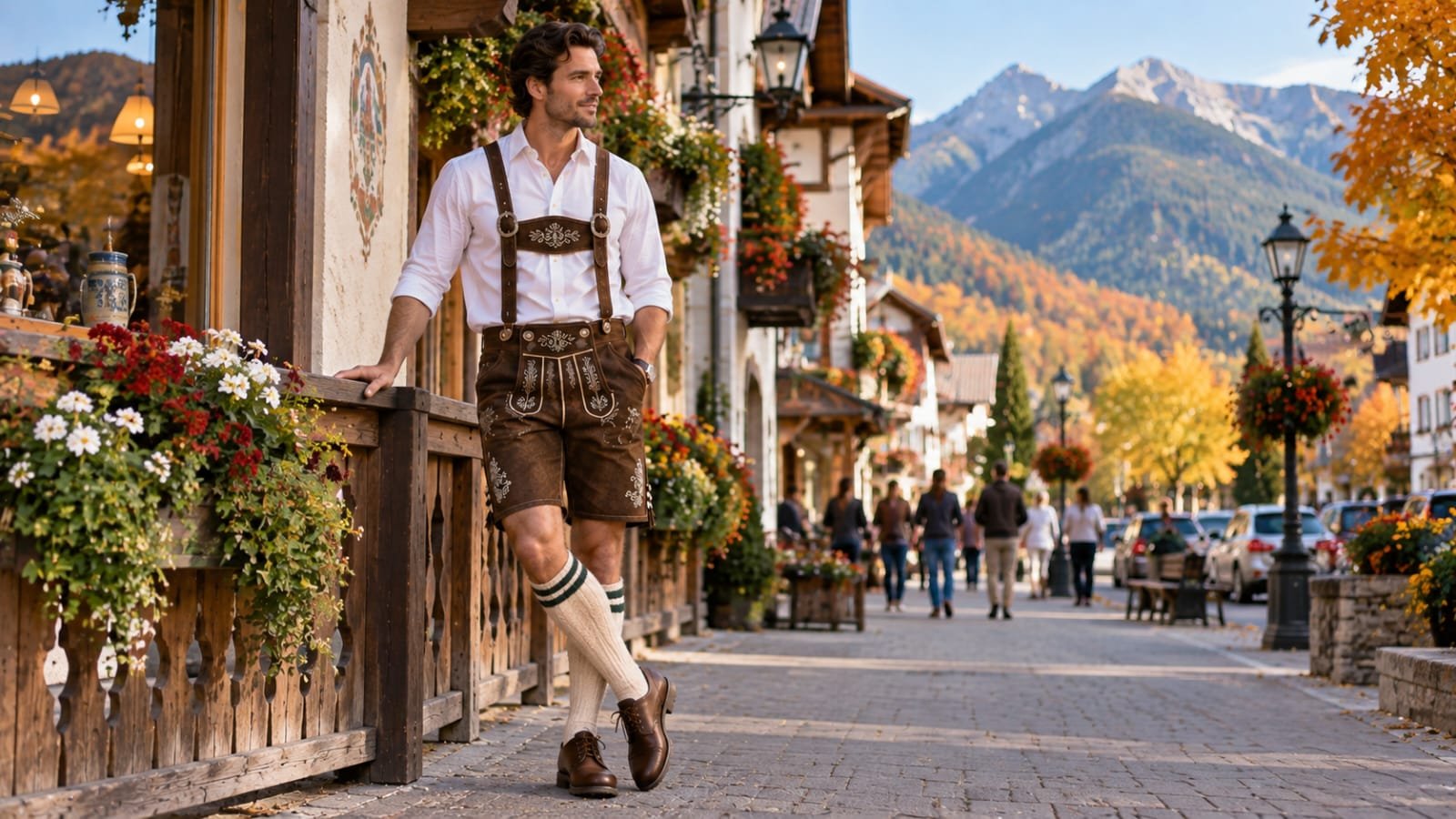 Man wearing traditional brown lederhosen with a white shirt outside a Bavarian-style storefront in Leavenworth, Washington.