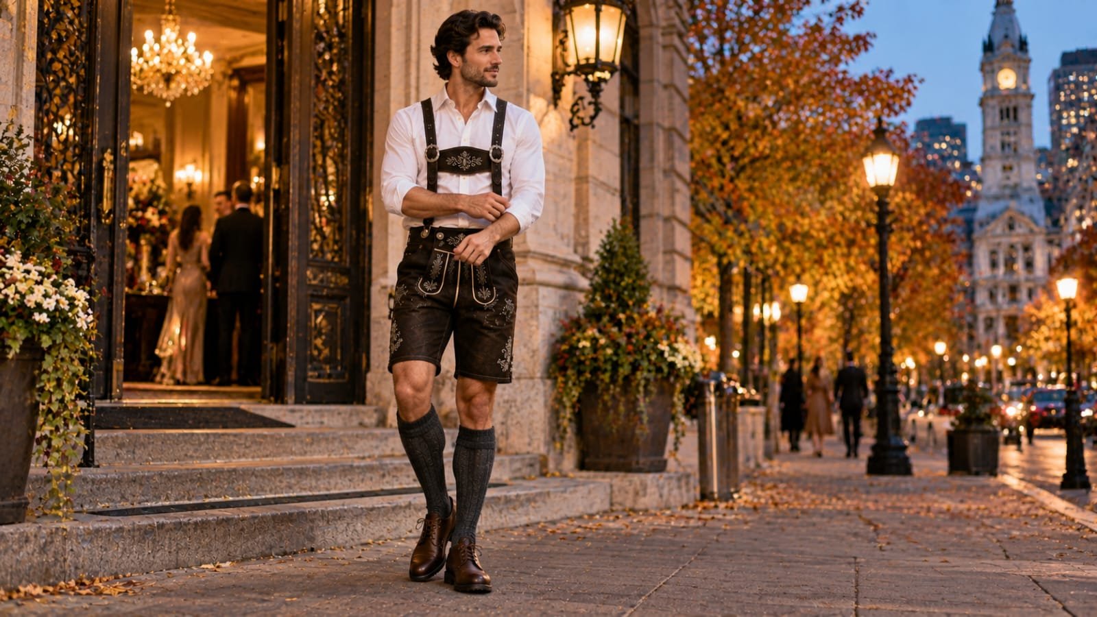 Man wearing black lederhosen and a white shirt outside an elegant event hall in Philadelphia during autumn.