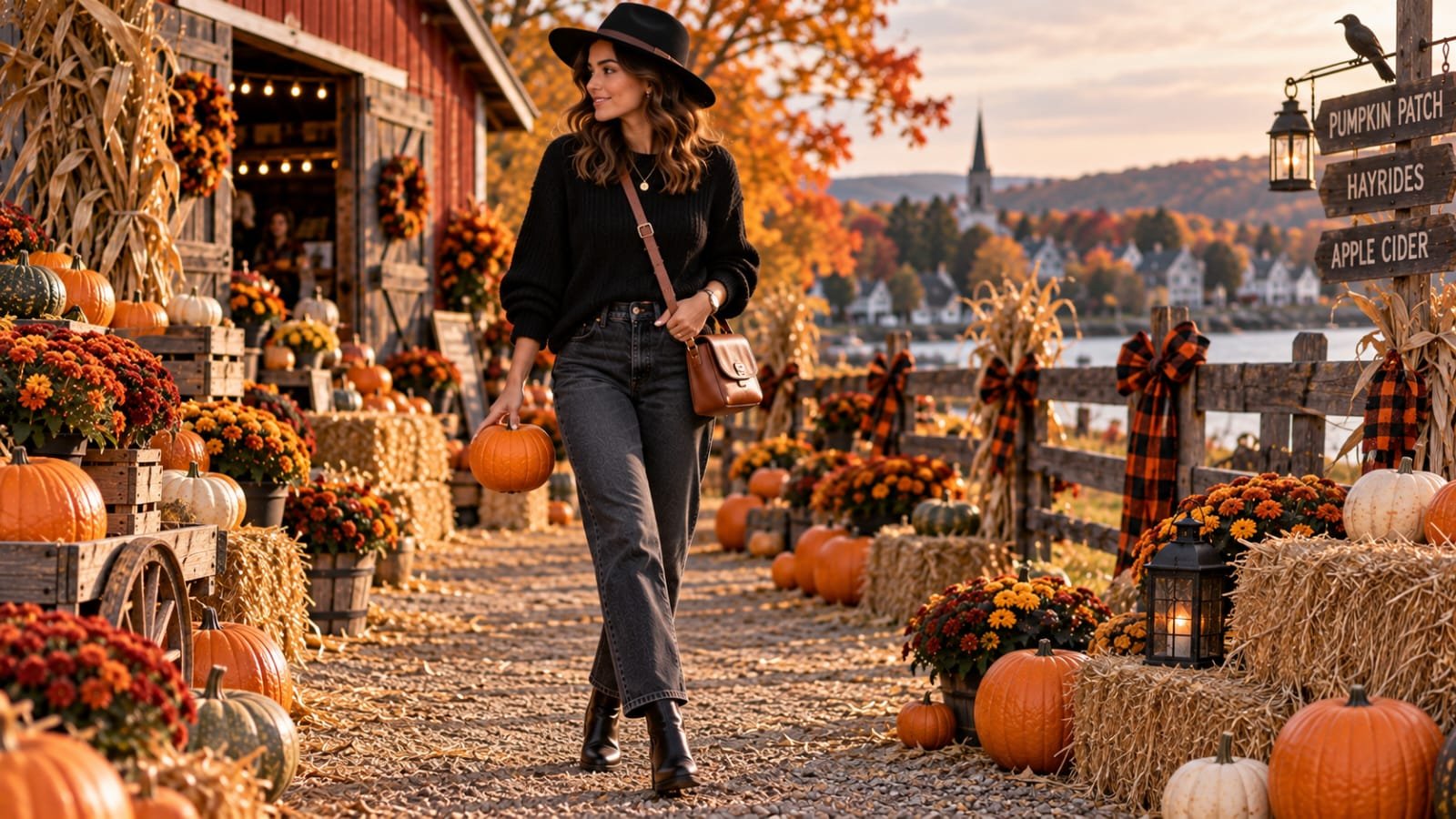 Woman wearing a black sweater, dark jeans, ankle boots, and a black hat at a Halloween pumpkin patch