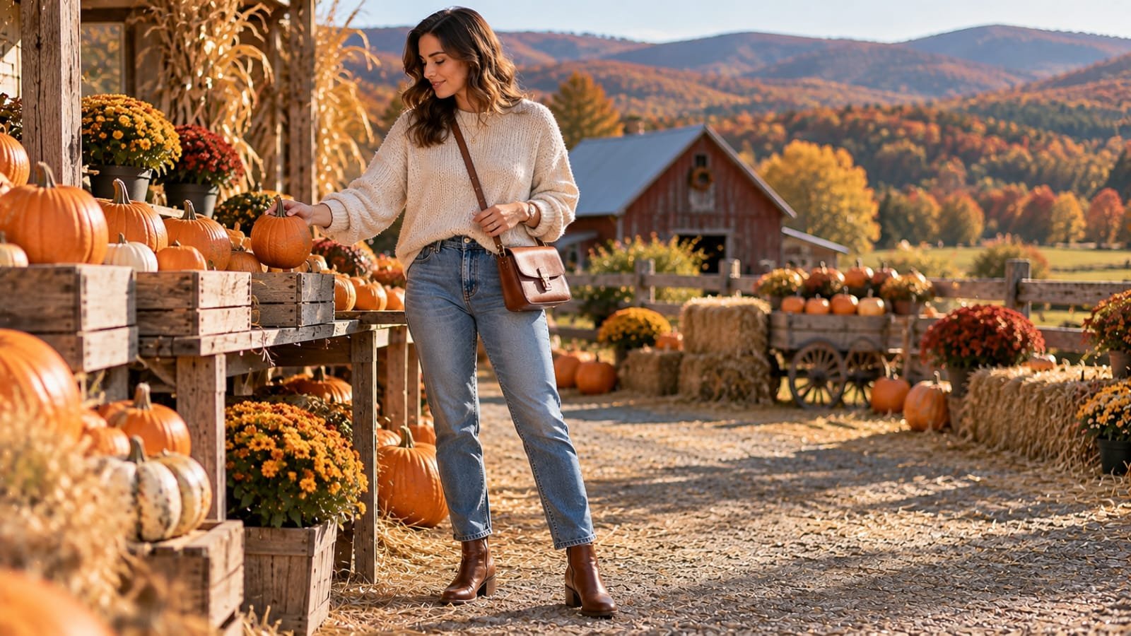 Woman wearing an oatmeal sweater, straight-leg jeans, and brown ankle boots at a Hudson Valley pumpkin farm