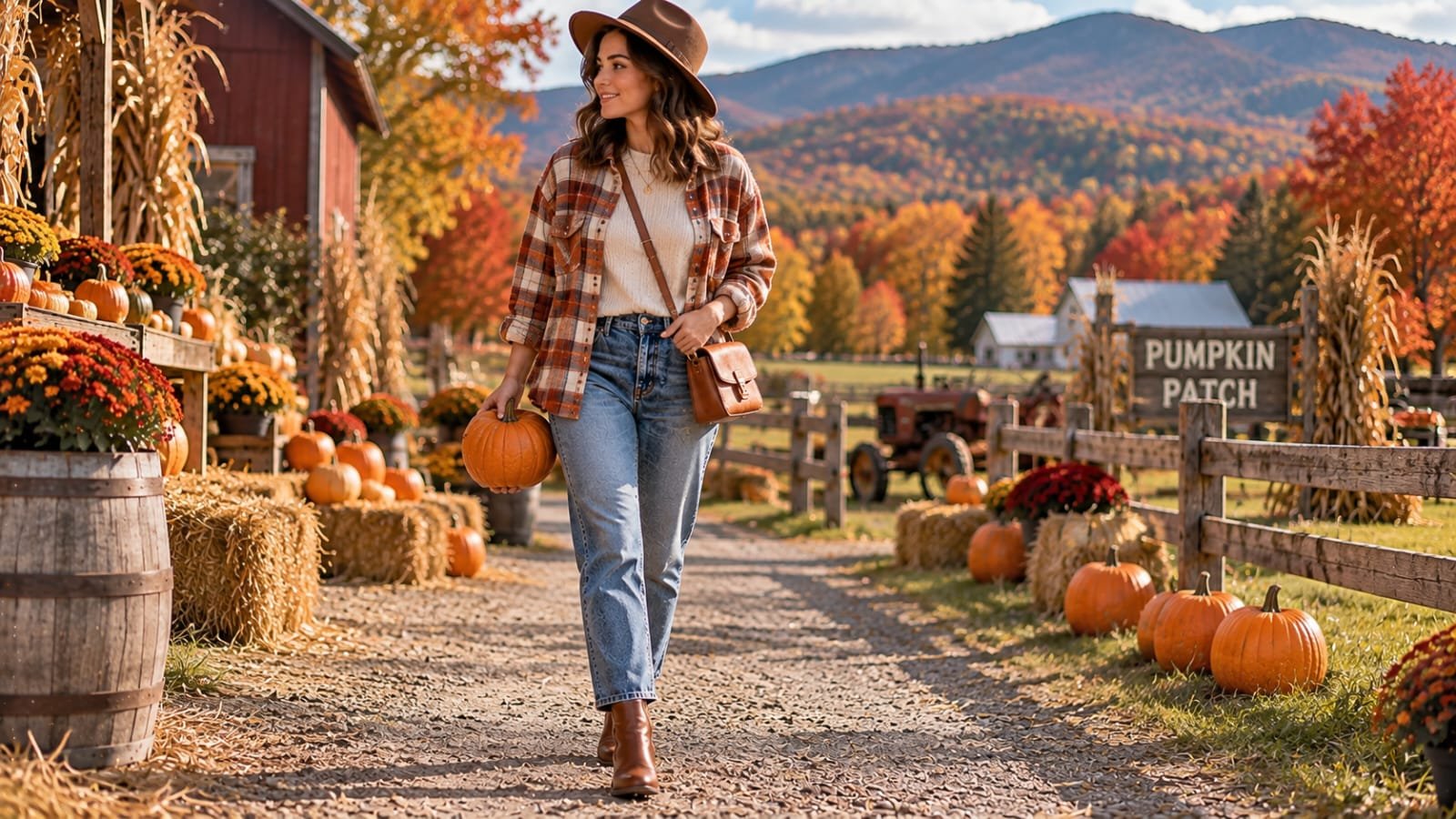 Woman wearing a rust plaid flannel, jeans, ankle boots, and a felt hat at a Vermont pumpkin patch
