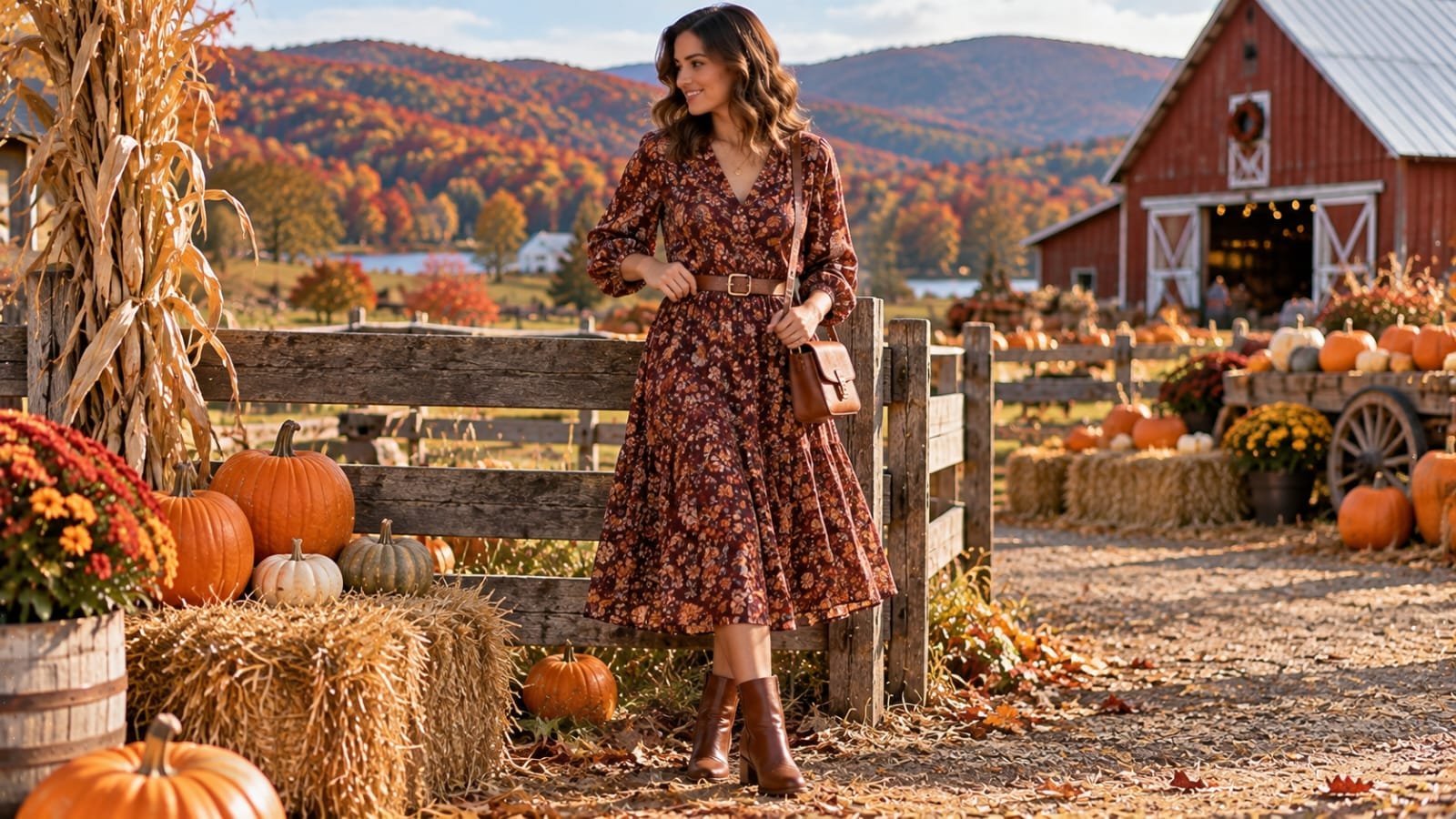 Woman wearing a burgundy floral midi dress, brown belt, and ankle boots at a New Hampshire pumpkin farm