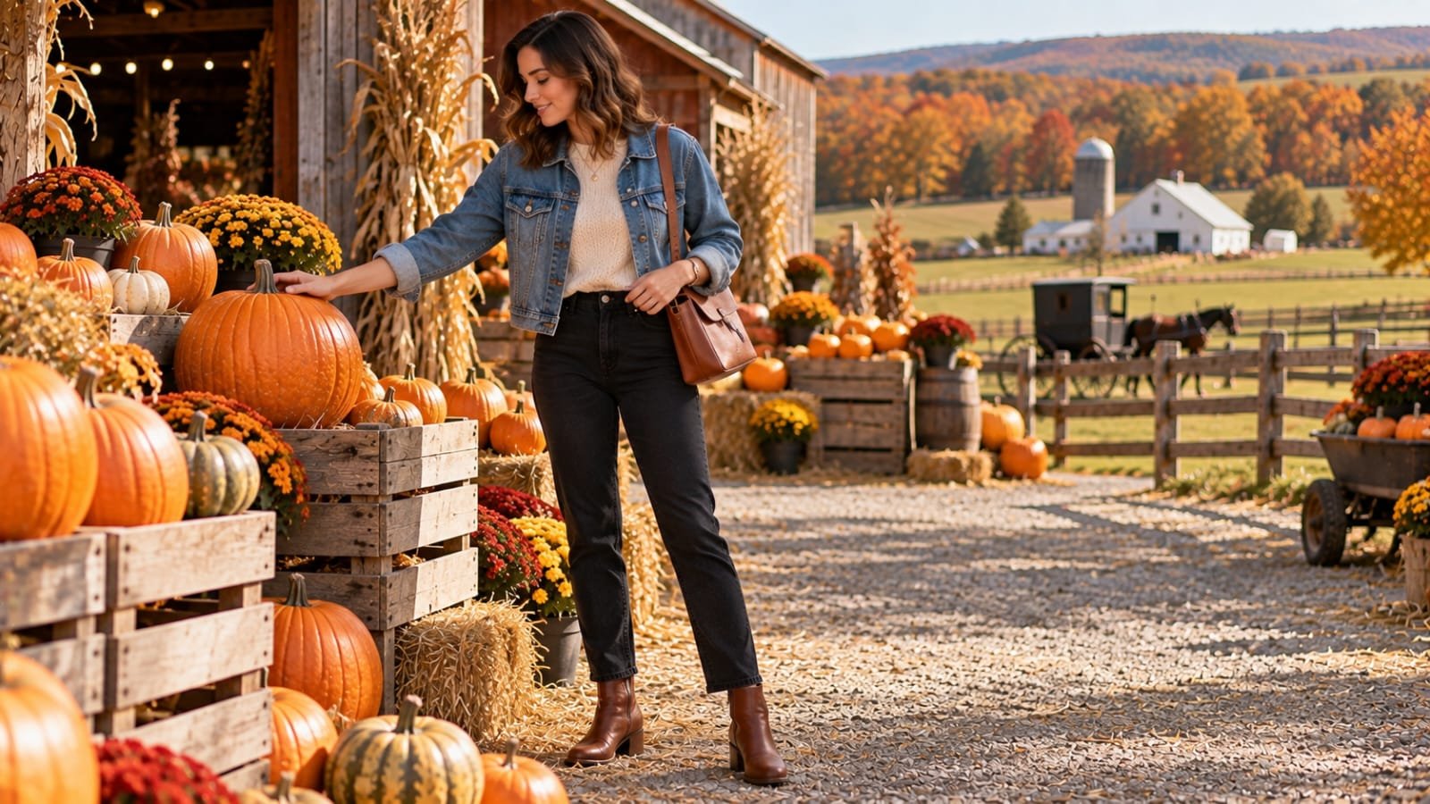 Woman wearing a denim jacket, black jeans, and brown ankle boots at a Pennsylvania pumpkin farm
