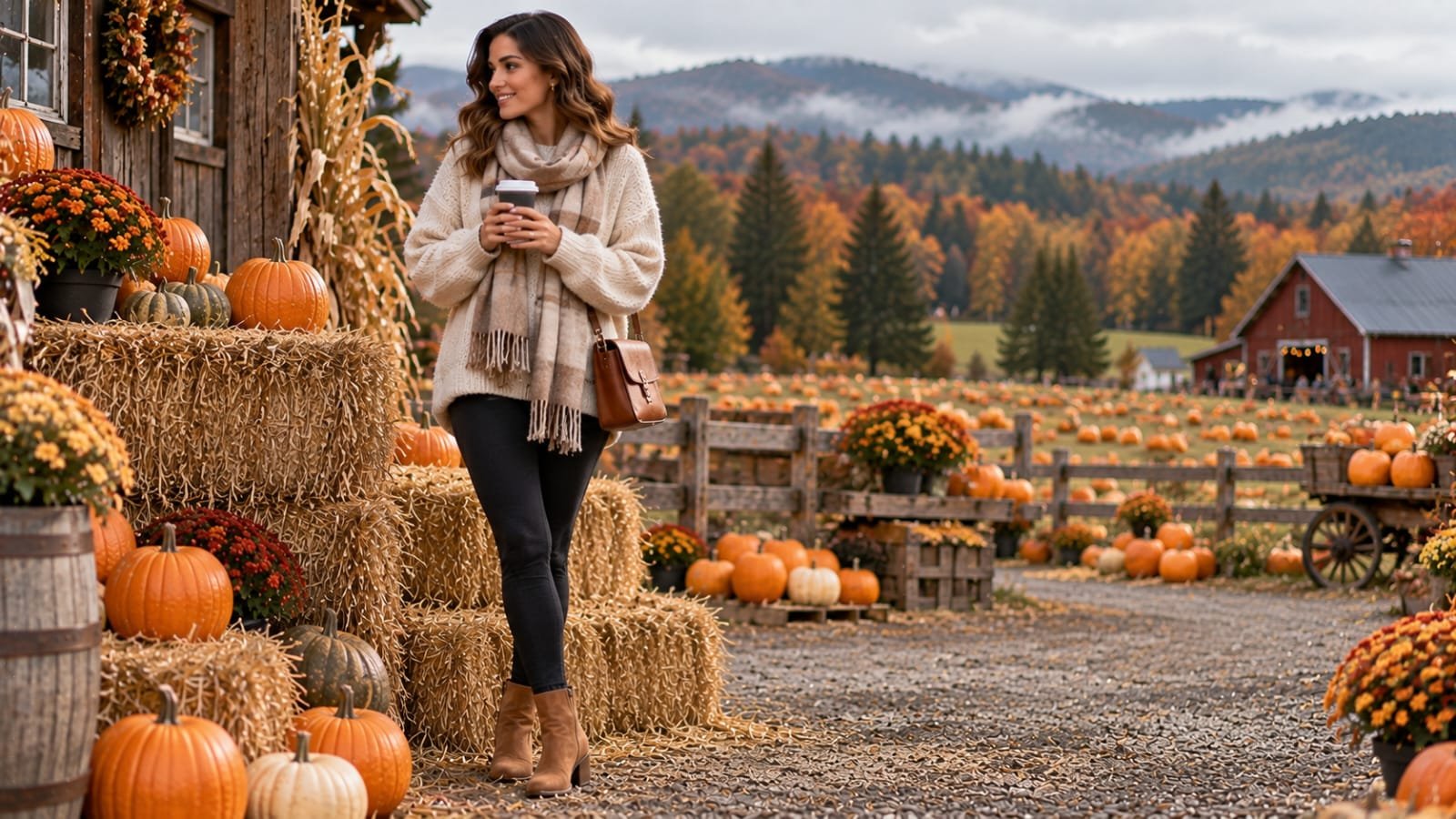 Woman wearing an oversized oatmeal sweater, leggings, scarf, and suede boots at a Portland pumpkin farm