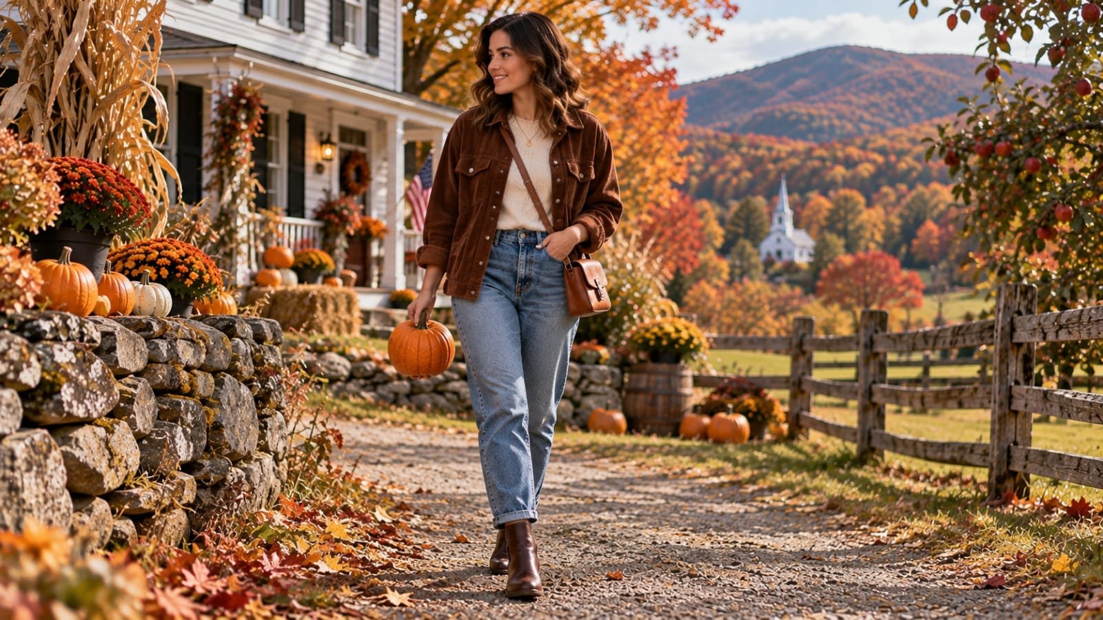 Woman wearing a brown corduroy jacket, mom jeans, and Chelsea boots in Woodstock, Vermont