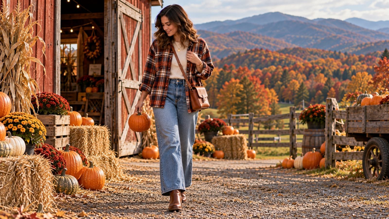 Woman wearing a plaid flannel, wide-leg jeans, and brown boots at an Asheville pumpkin farm