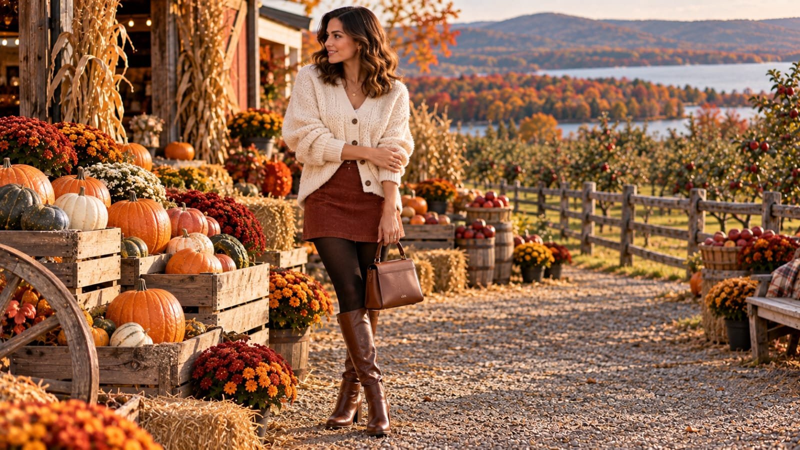 Woman wearing a cream cardigan, rust mini skirt, tights, and knee-high boots at an Upstate New York pumpkin farm