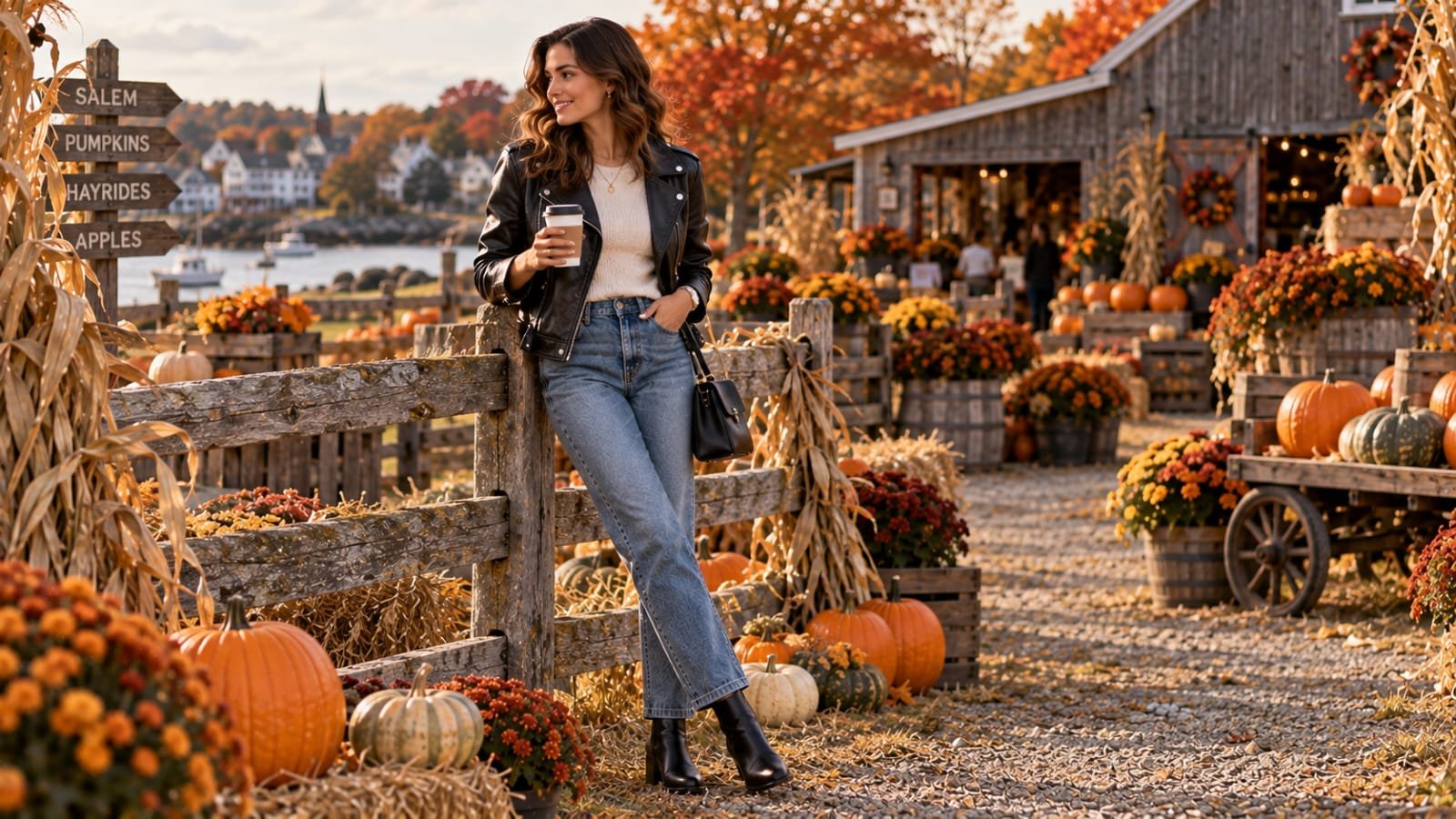 Woman wearing a black leather jacket, straight-leg jeans, and ankle boots at a Salem pumpkin farm