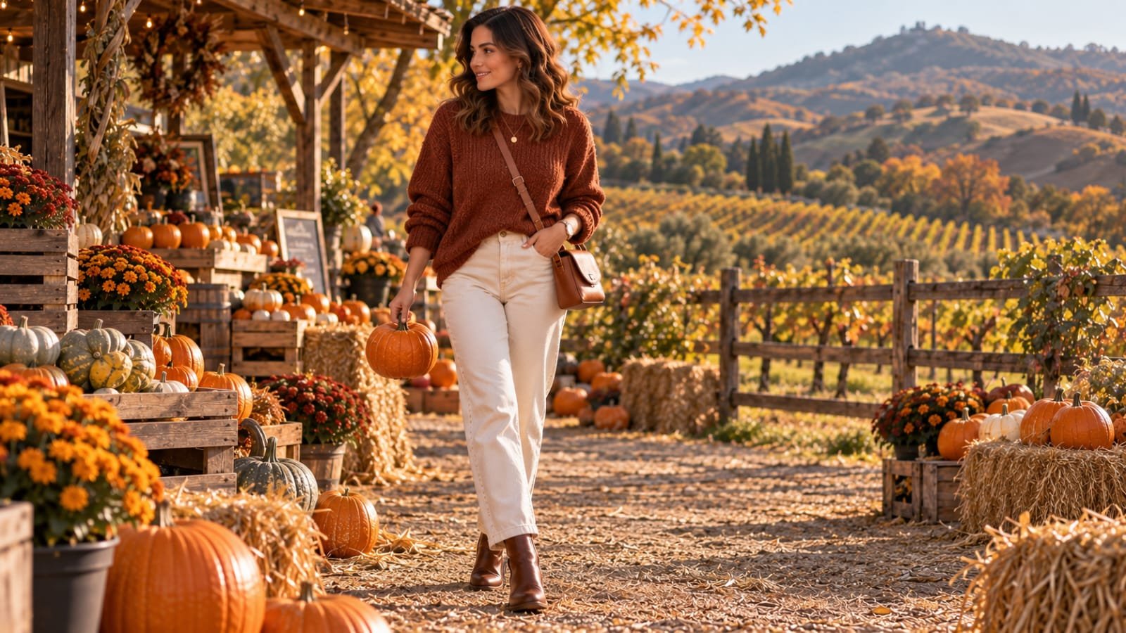 Woman wearing a rust sweater, cream pants, brown ankle boots, and a leather crossbody bag at a Sonoma County pumpkin farm
