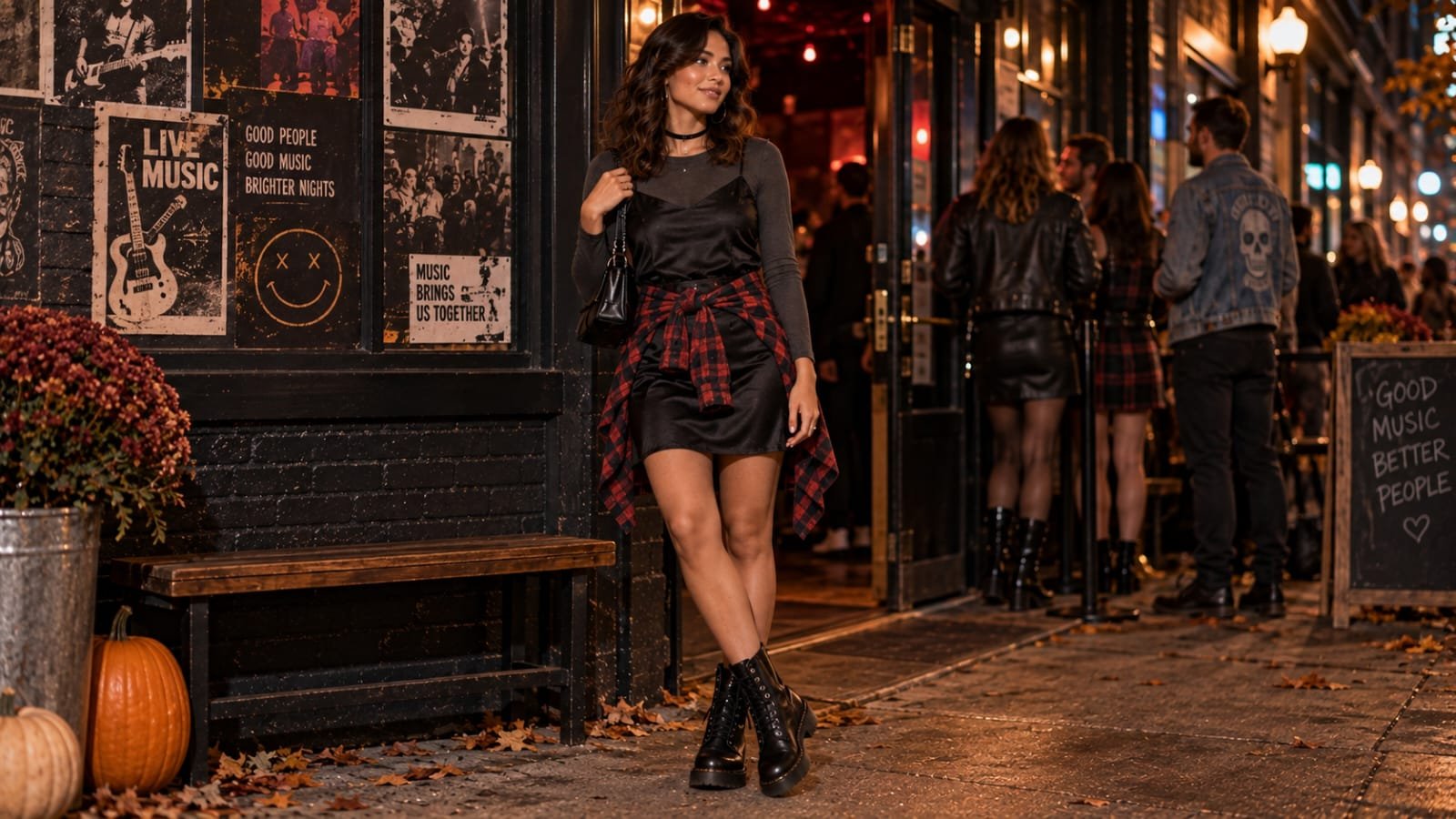 Woman wearing a 90s grunge-inspired black slip dress, combat boots, and plaid shirt outside a music venue at night.