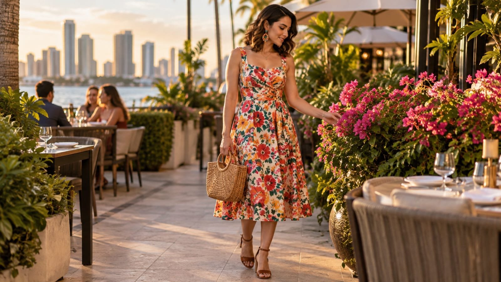 Woman wearing a colorful floral midi dress, block heels, and a woven handbag at an outdoor Miami restaurant patio.