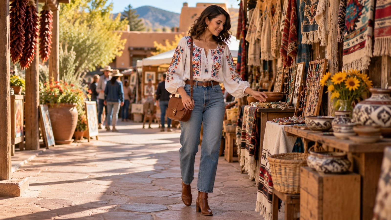 Woman wearing an embroidered blouse, straight-leg jeans, and leather boots at an outdoor market.