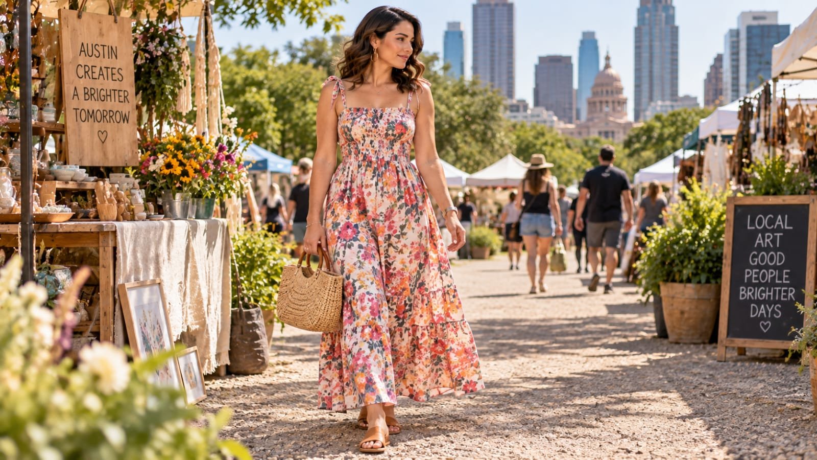 Woman wearing a floral maxi dress and carrying a woven handbag at an outdoor festival.