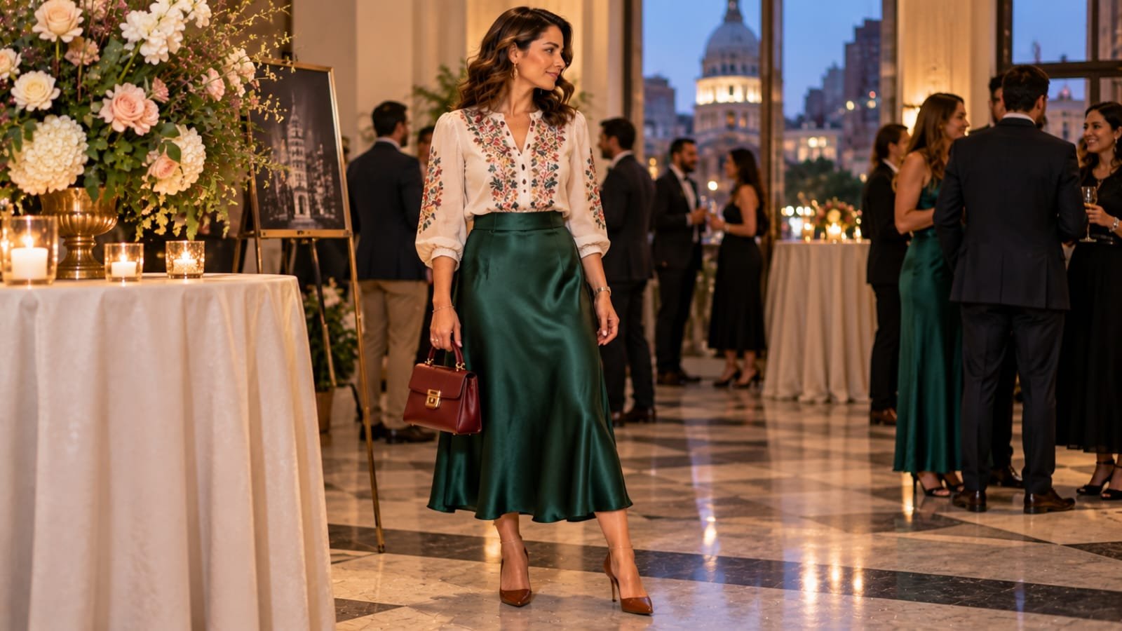 Woman wearing a satin midi skirt and embroidered blouse at an evening event.