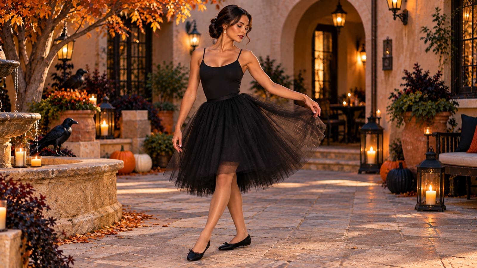 Woman wearing a black tulle skirt and ballet-inspired top for a stylish Halloween outfit
