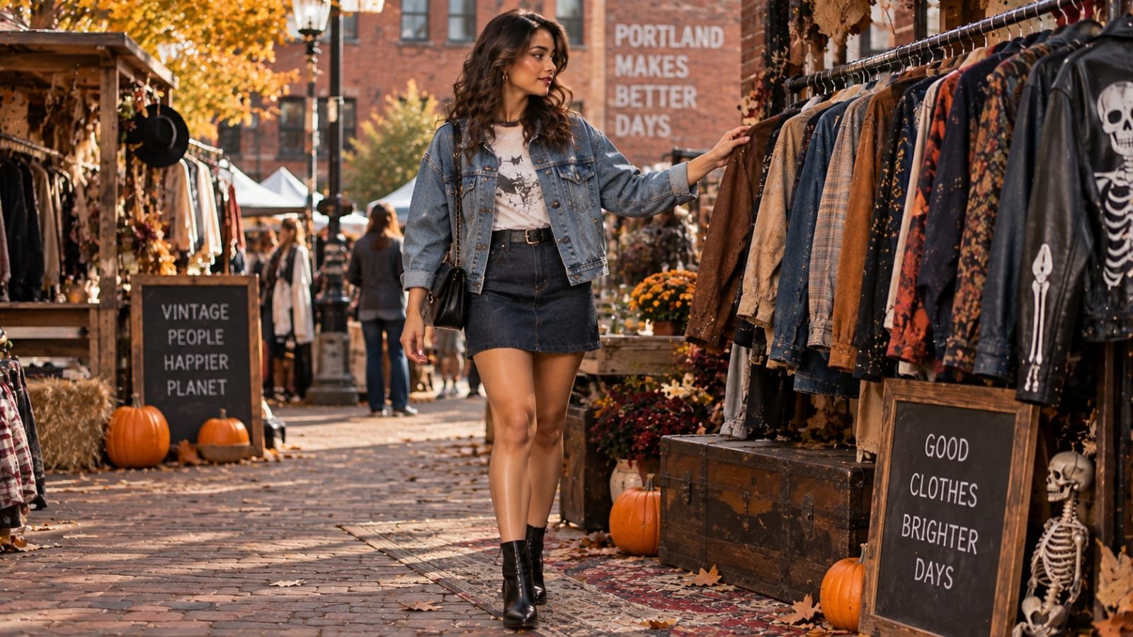Woman wearing thrifted denim pieces and a faux leather jacket for a DIY Halloween outfit