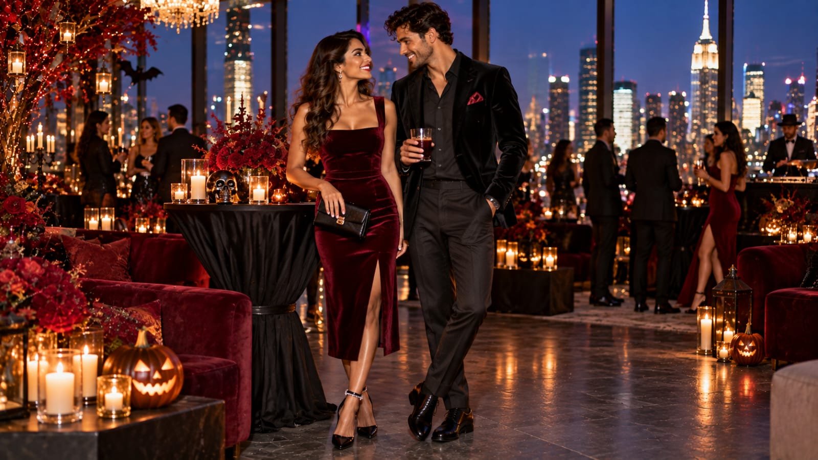 Velvet vampire Halloween outfits for couples at a glamorous rooftop party in New York City.