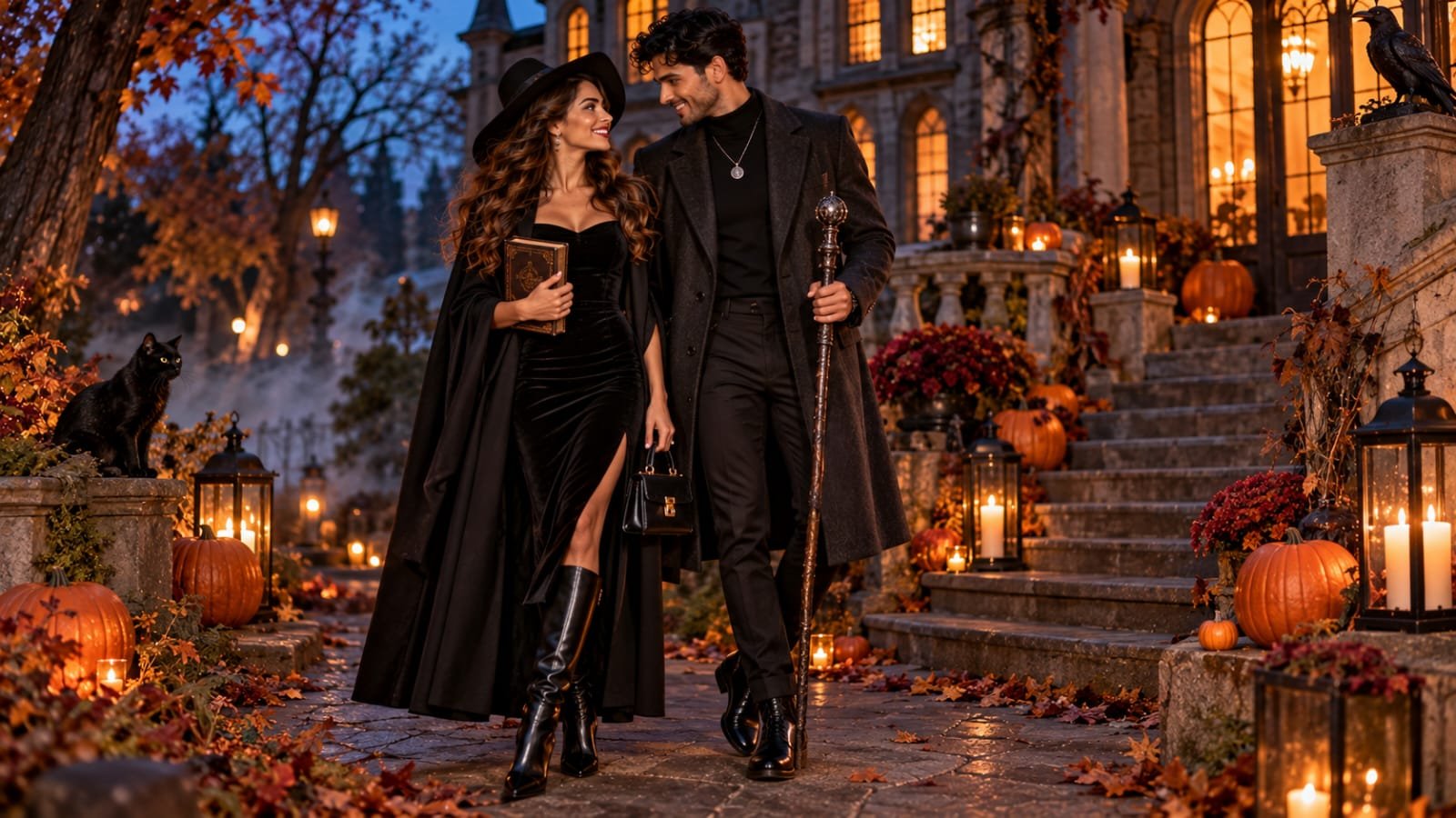 Couple wearing long black coats and robe-style Halloween outfits on a historic Savannah street at dusk