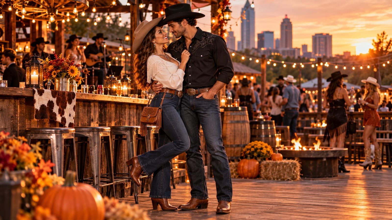 Couple wearing modern cowboy and cowgirl Halloween outfits at a festive outdoor Western bar.