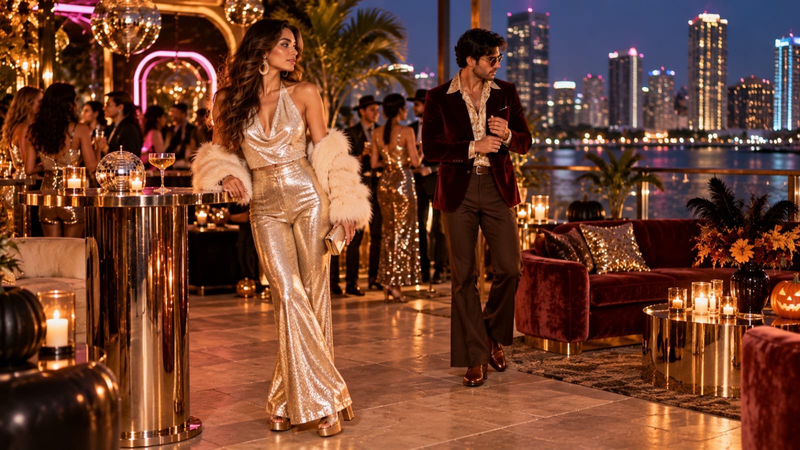 Couple in disco-inspired flare pants and sequin outfits at a vibrant Halloween party