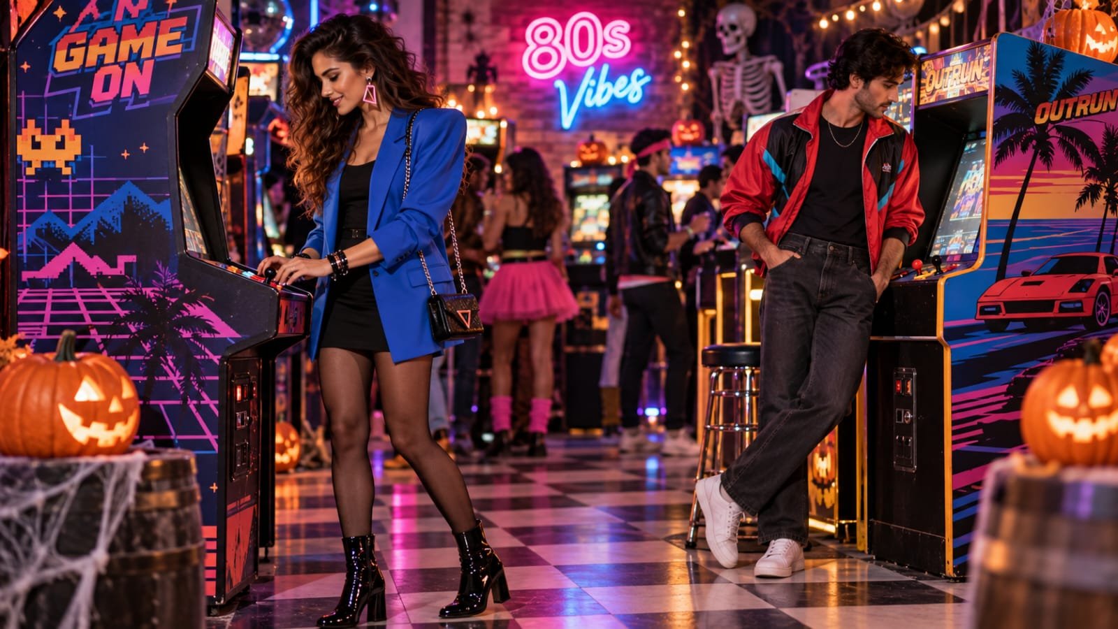 Couple wearing stylish 80s-inspired Halloween outfits at a neon-lit retro arcade party