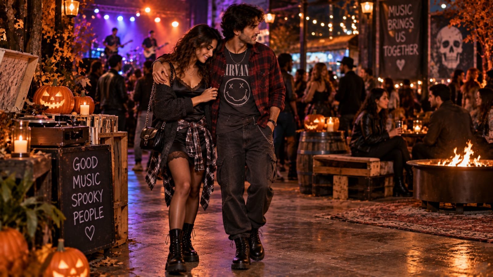 Couple wearing 90s grunge-inspired Halloween outfits at a lively nighttime music venue