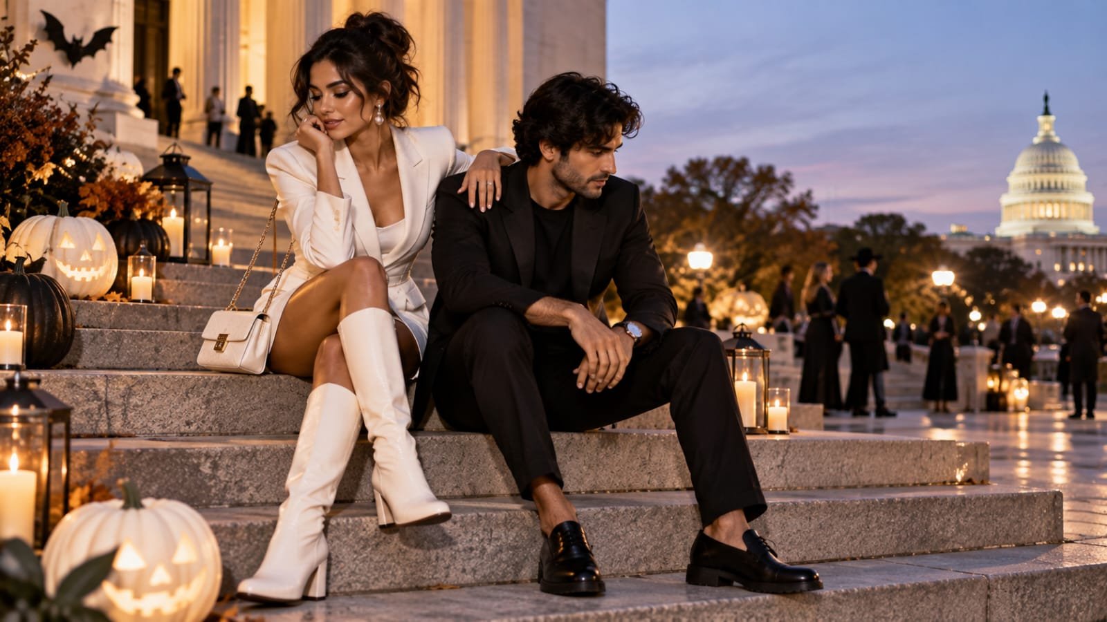 Couple wearing coordinated black-and-white minimalist Halloween outfits on outdoor steps in Washington, DC