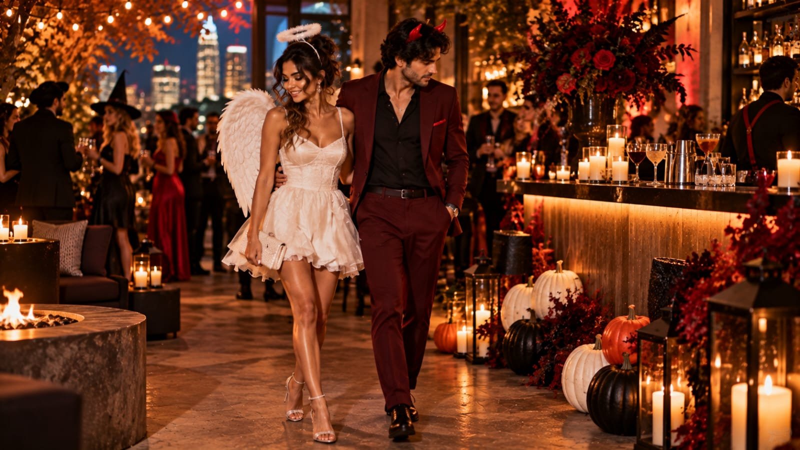 Alt text: Couple wearing angel and devil inspired Halloween outfits at a glamorous rooftop party