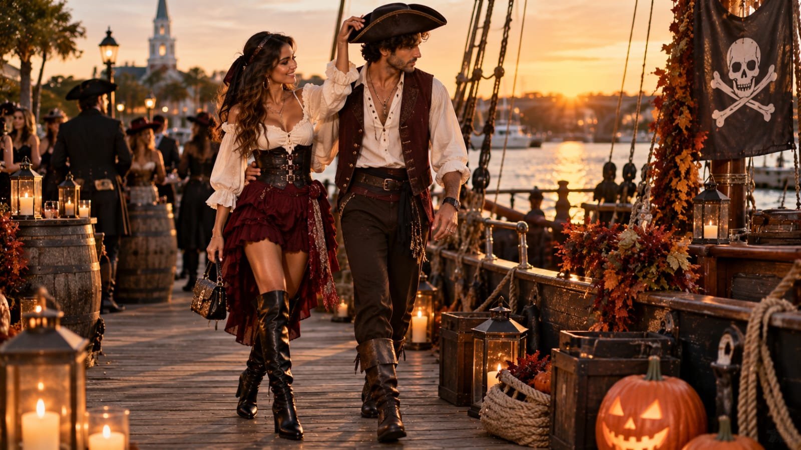 Couple wearing ruffled shirts and boots in a pirate-inspired Halloween outfit by the Charleston waterfront.