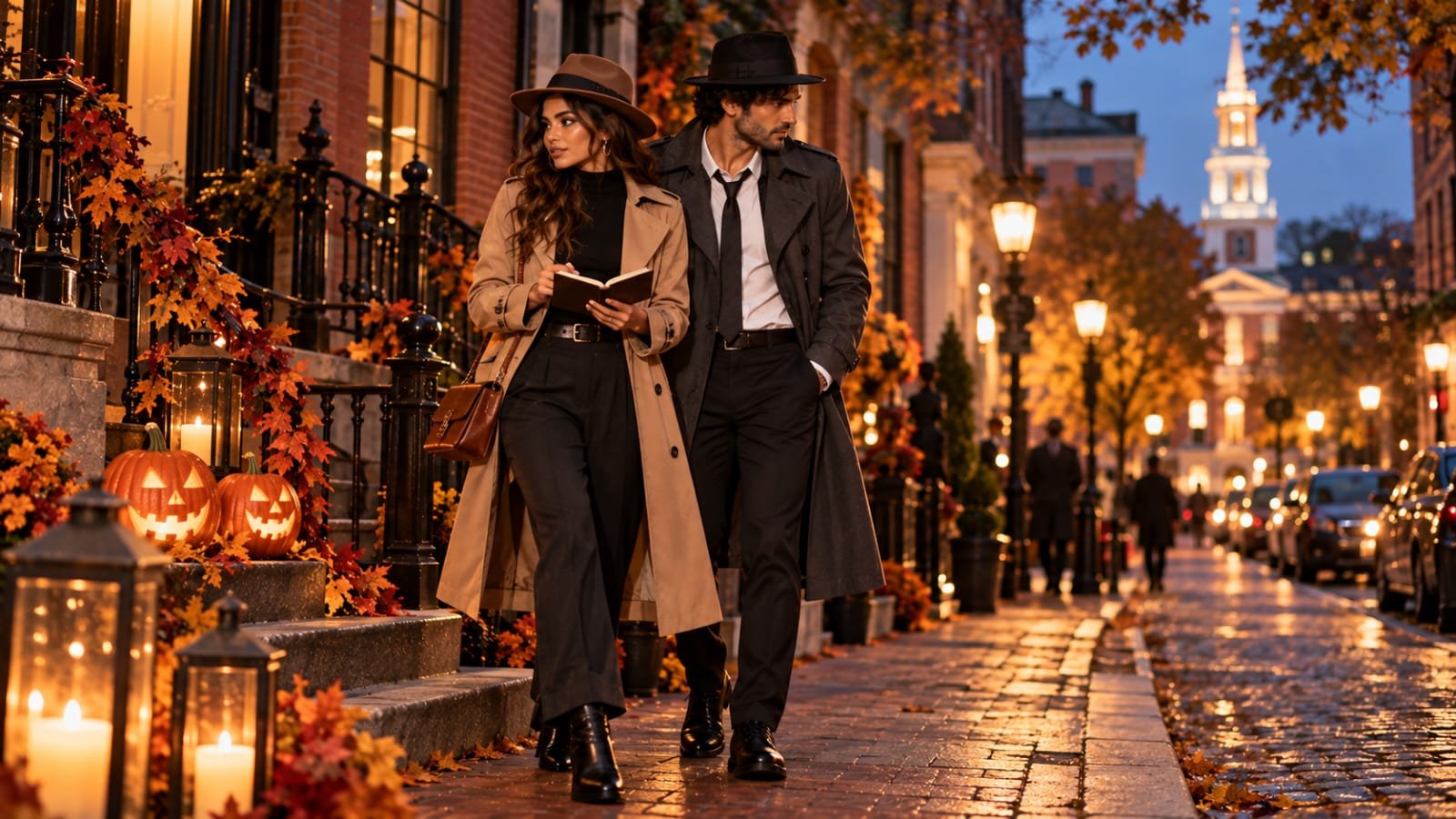 Couple in stylish trench coats and fedoras walking together in a Boston street for a detective-inspired Halloween outfit.