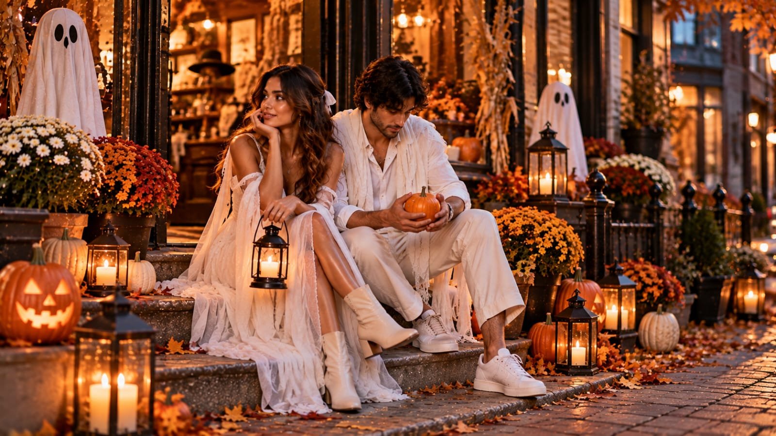 Couple wearing flowing white ghost-inspired Halloween outfits on decorated steps with pumpkins and lanterns.