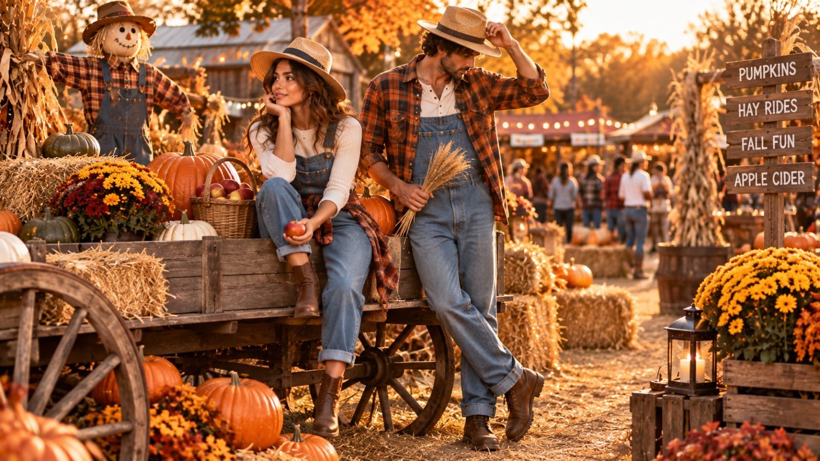Couple wearing flowing white ghost-inspired Halloween outfits on decorated steps with pumpkins and lanterns.