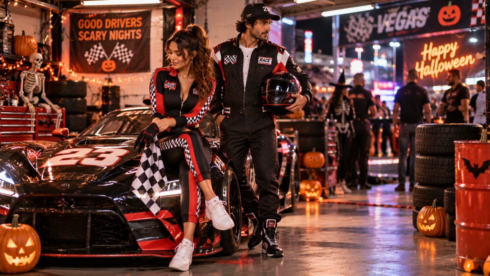 Couple wearing coordinated race car driver and pit crew Halloween outfits beside a decorated race car in a festive racing garage.