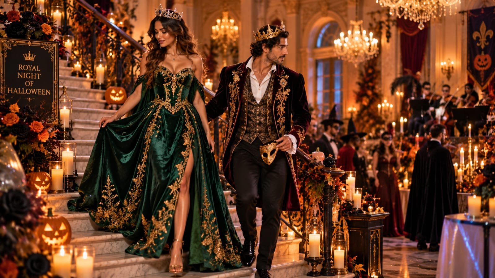 Couple dressed as a glamorous king and queen for a Halloween masquerade, wearing crowns and elegant royal costumes in a candlelit ballroom.