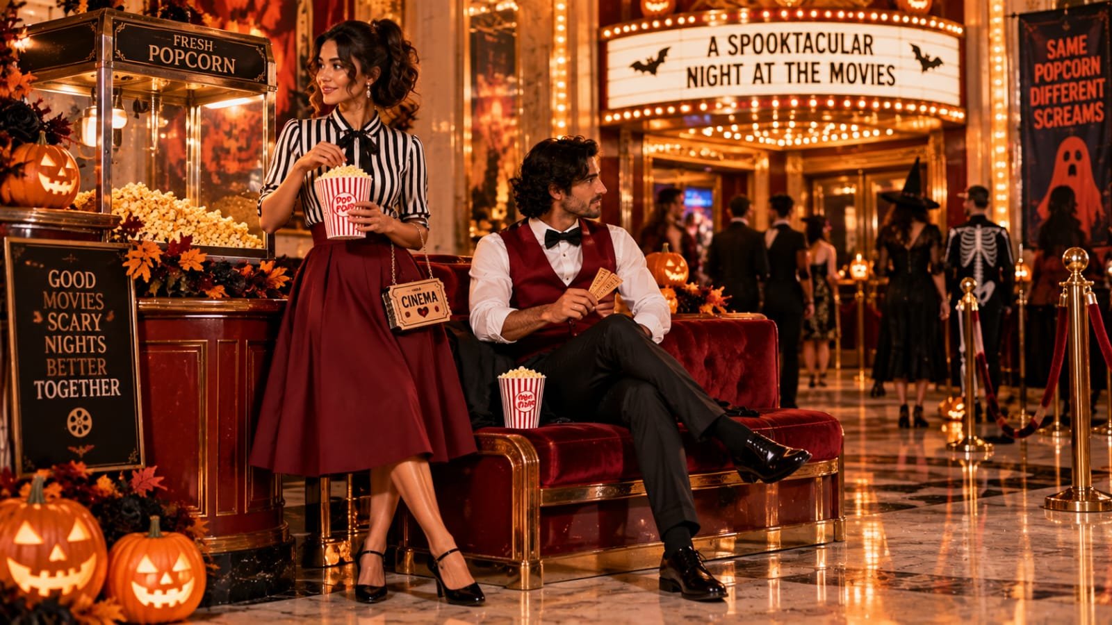 Couple wearing stylish movie theater-inspired Halloween outfits in a vintage cinema decorated with pumpkins, bats, and glowing marquee lights.