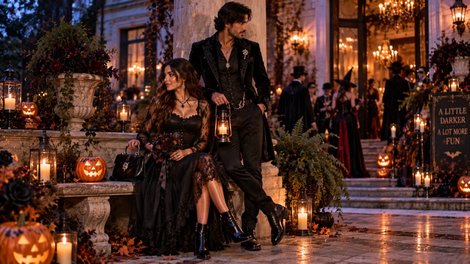 Gothic couple wearing elegant black Halloween outfits at a candlelit mansion courtyard decorated with pumpkins, lanterns, and dark roses.