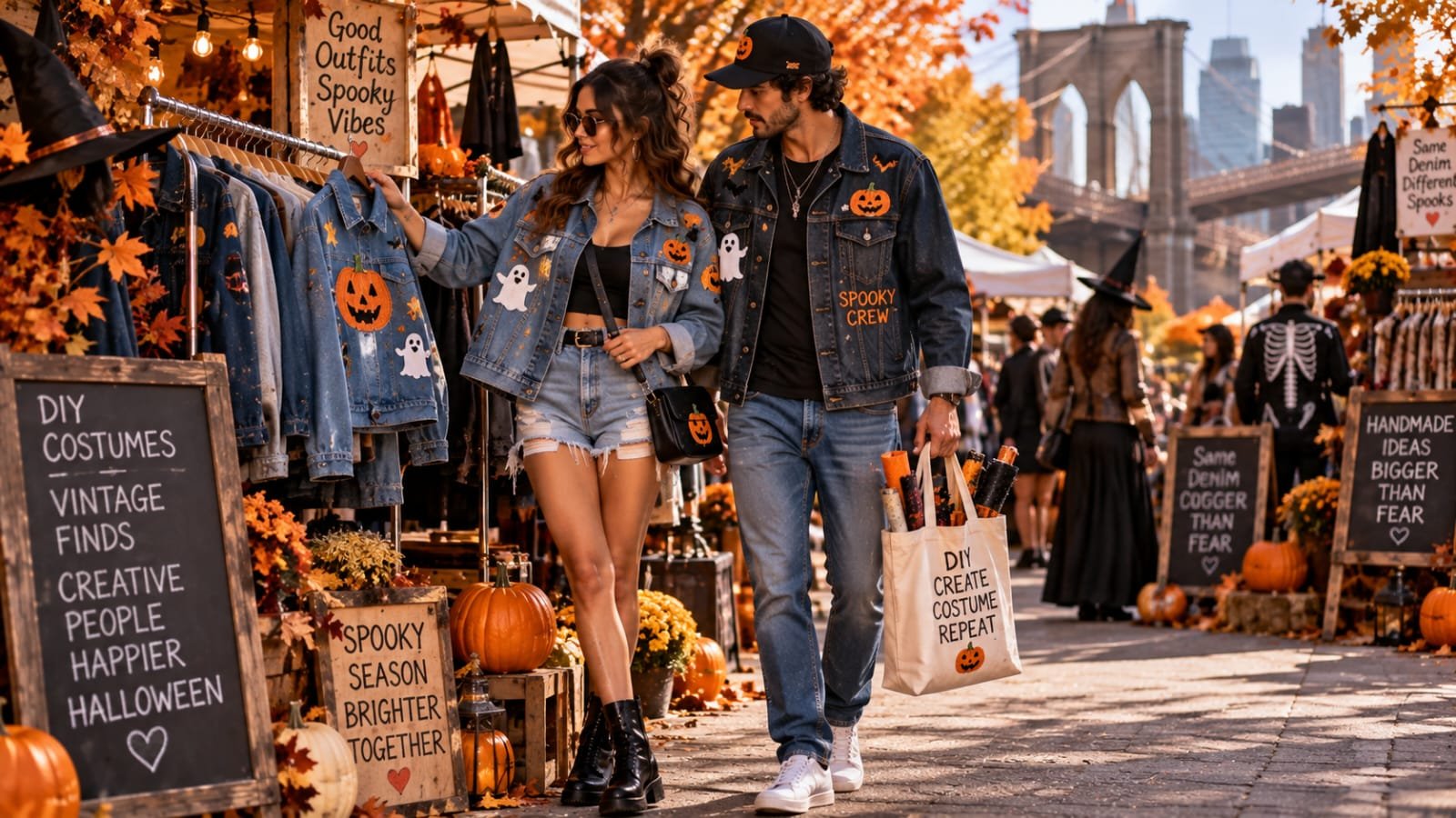 Couple wearing coordinated DIY denim Halloween outfits with pumpkin and ghost patches at a festive autumn market.