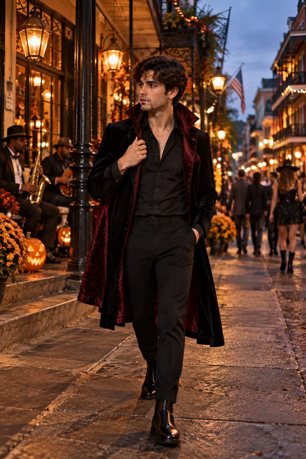 Stylish young man in a black vampire Halloween costume.