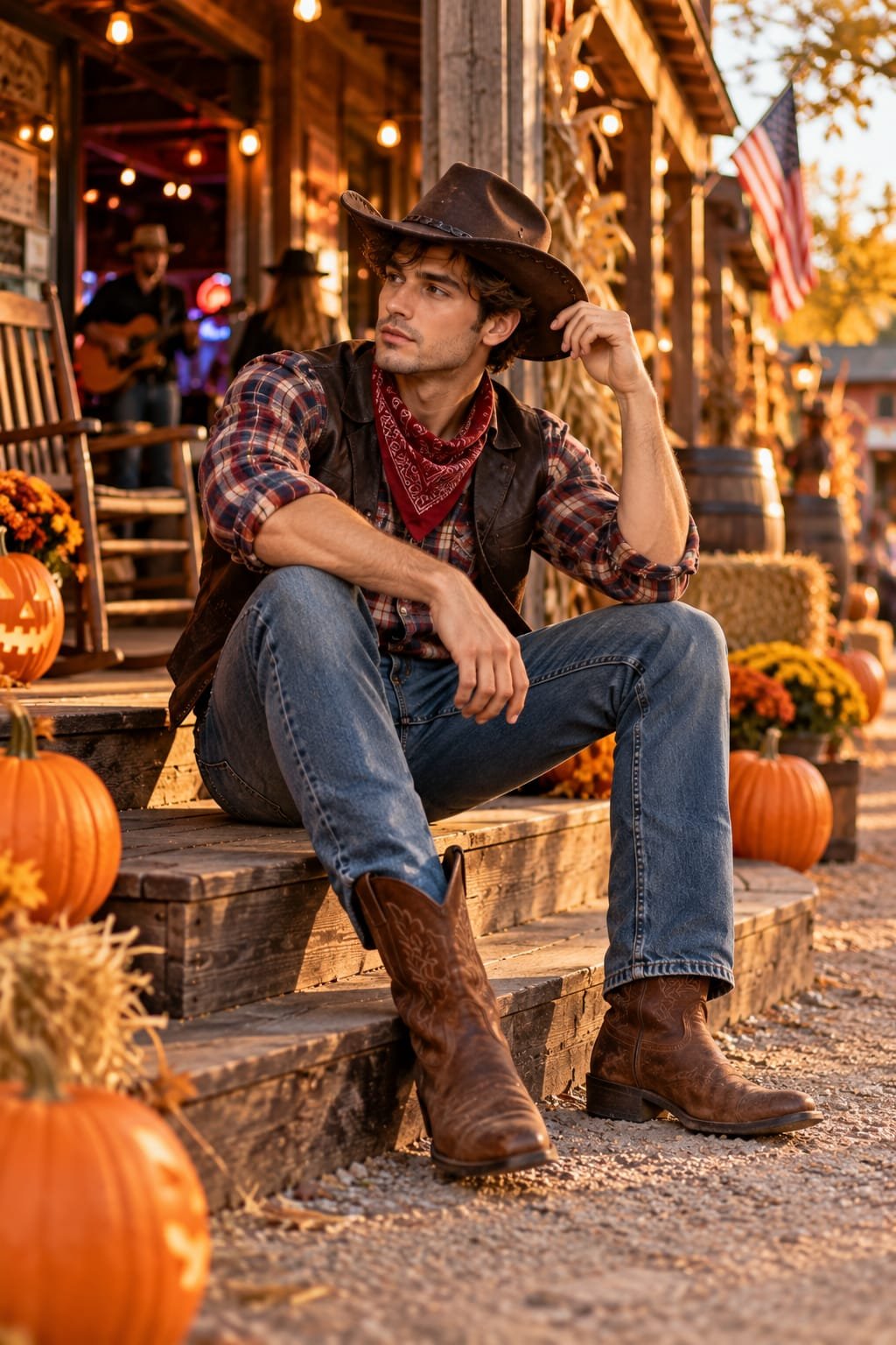 Young man in a cowboy Halloween costume with a hat and bandana.