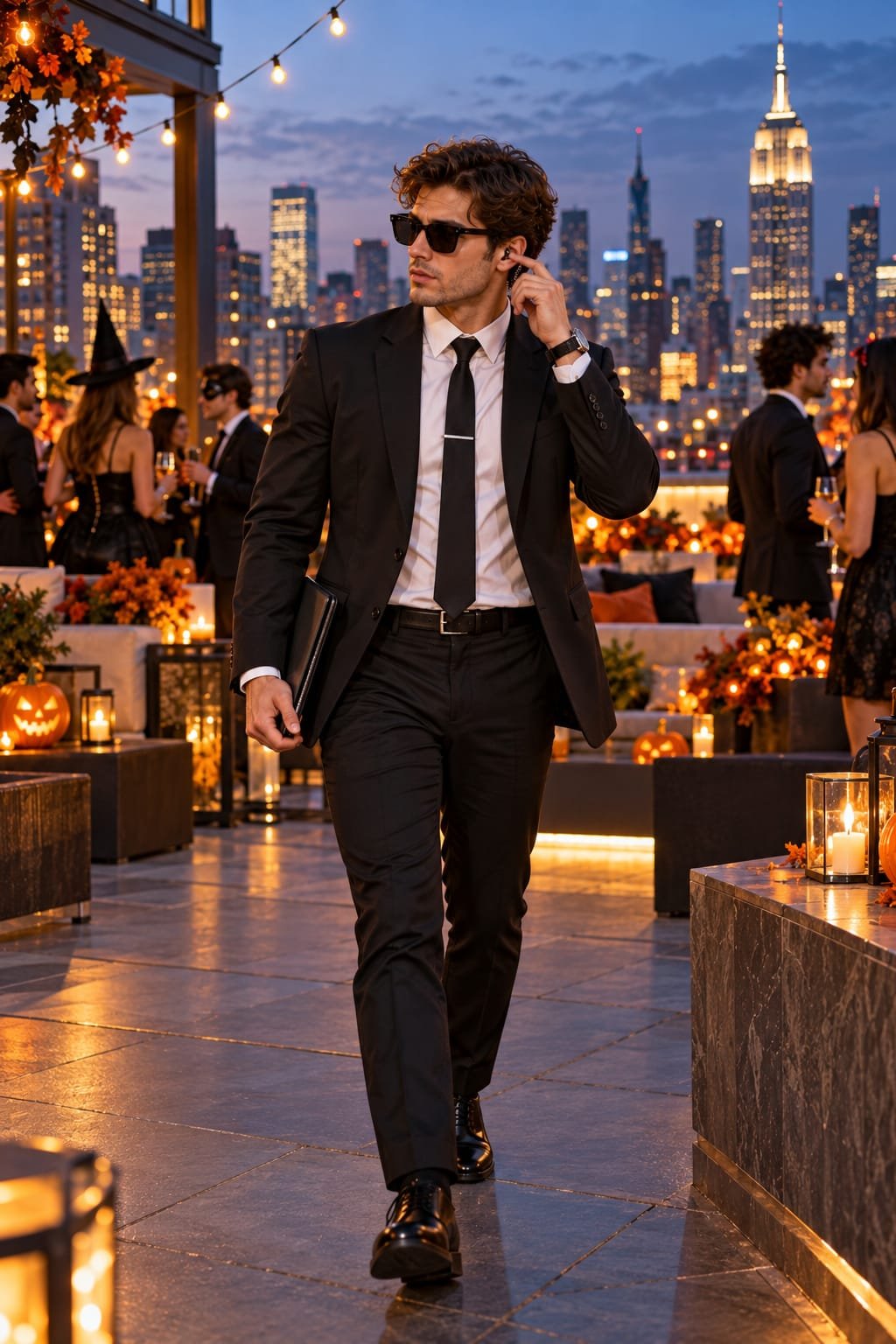Young man in a black secret agent Halloween costume at a rooftop party.