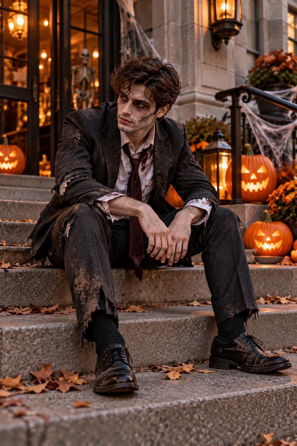 Zombie businessman Halloween costume on city steps with pumpkins and black suit.