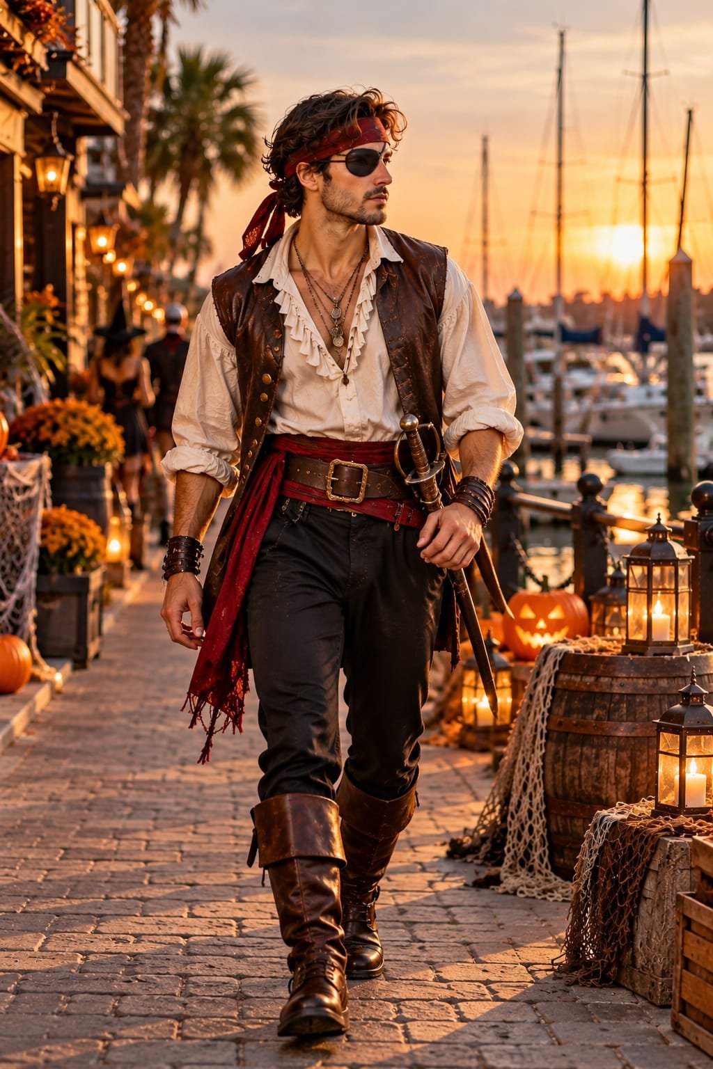 Young man in a stylish pirate Halloween costume with an eye patch.