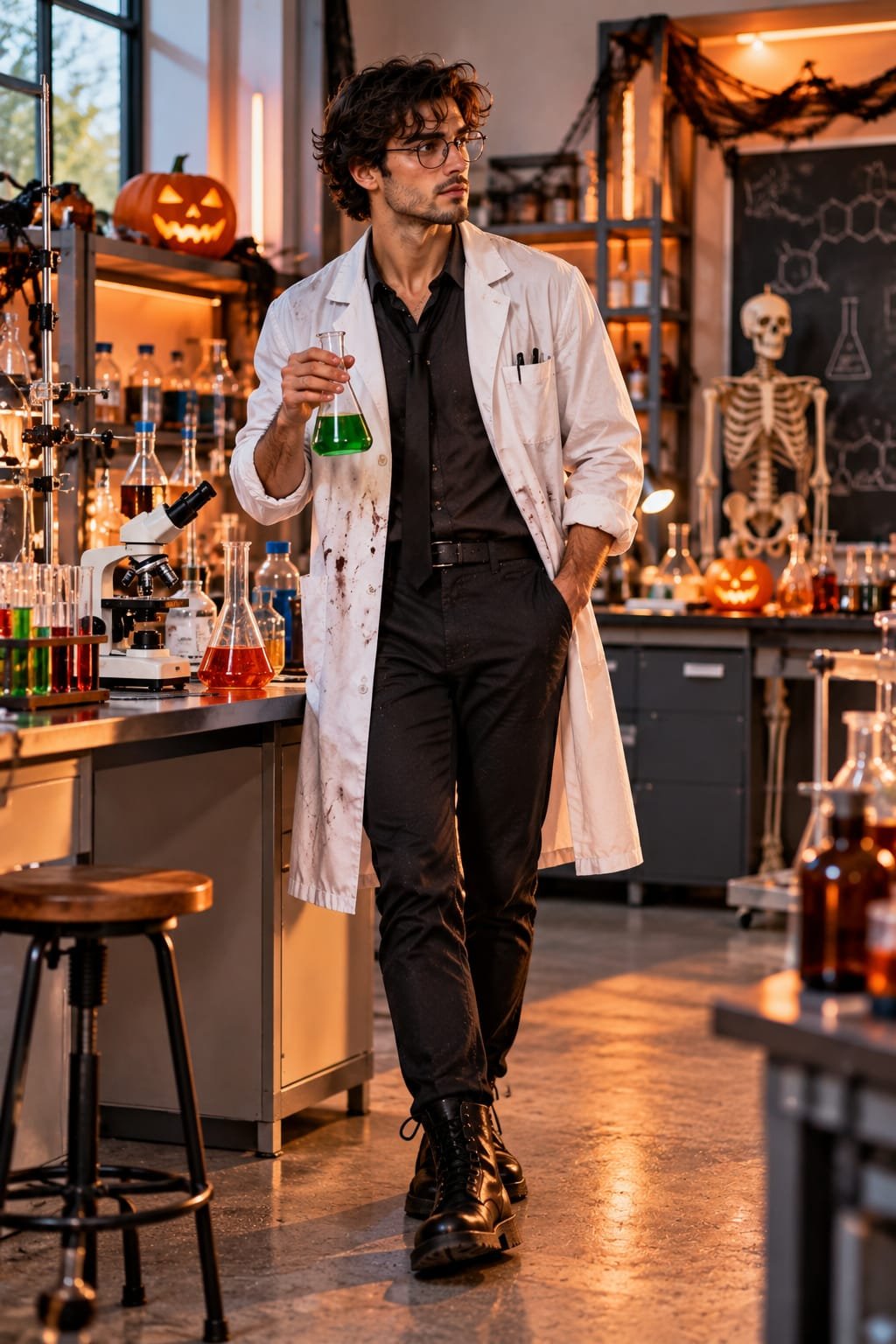 Man wearing a mad scientist Halloween costume with a lab coat and beaker.