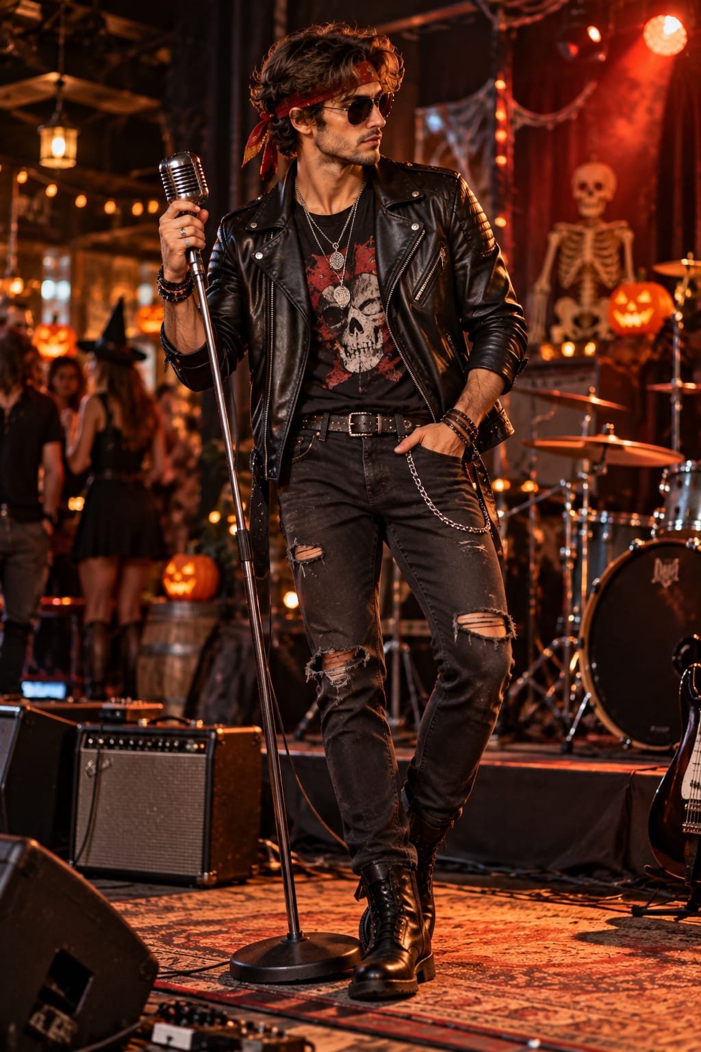 Man wearing an 80s rock star Halloween costume with a leather jacket and microphone.