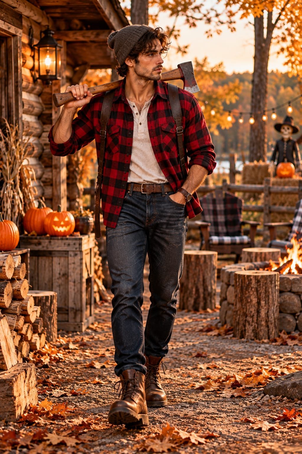 Man wearing a lumberjack Halloween costume with a flannel shirt, beanie, and axe.