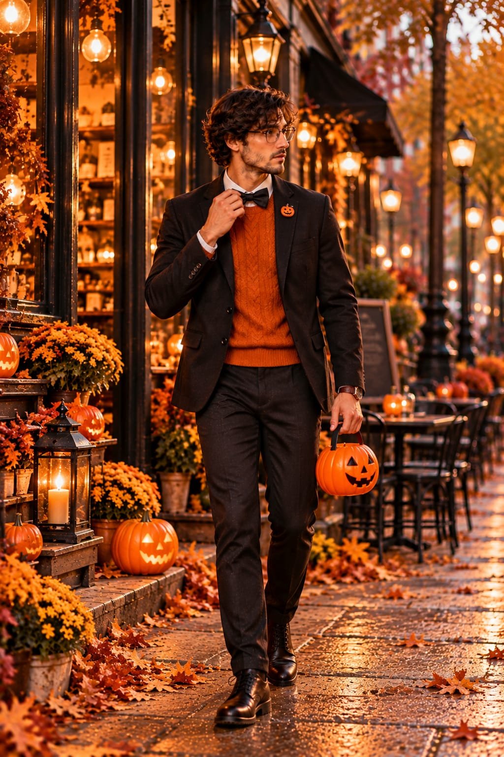 Man wearing a pumpkin-themed Halloween outfit with an orange sweater and black blazer.